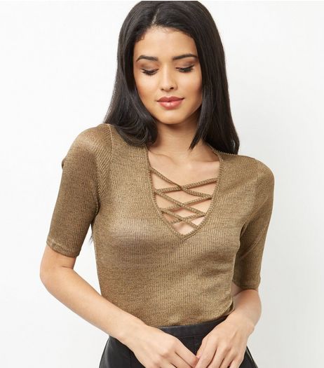 Gold Fine Knit Lattice Panel T-Shirt | New Look