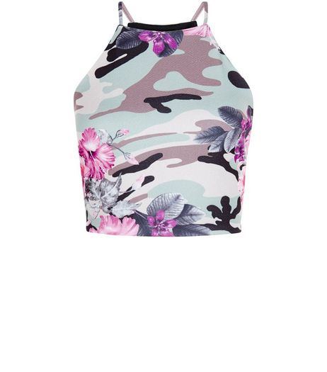 Green Floral Camo Print Crop Top | New Look