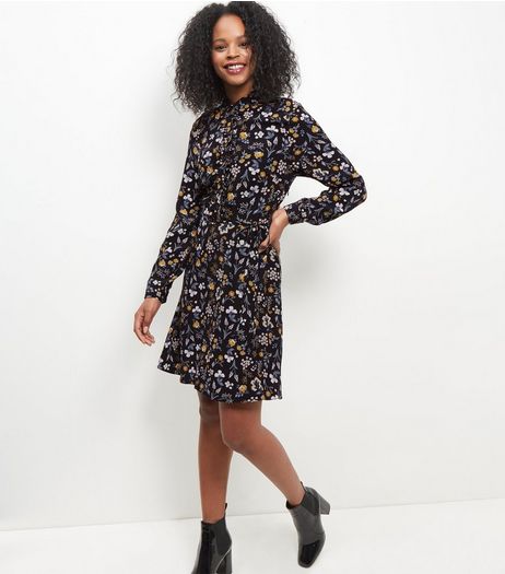 Black Floral Print Long Sleeve Midi Shirt Dress | New Look