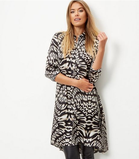 Black Sateen Abstract Print Longline Shirt | New Look