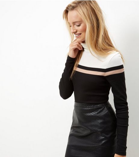 Black Colour Block Ribbed Turtle Neck Top | New Look