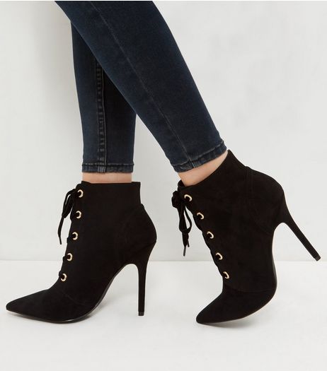 Black Suedette Lace Up Pointed Heels | New Look