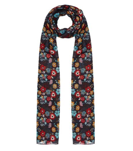 Black Floral Print Longline Scarf | New Look