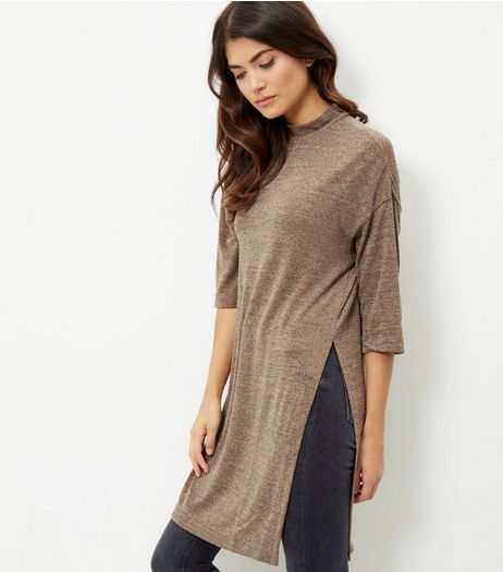 Camel Fine Knit 3/4 Sleeve Split Side Longline Top | New Look