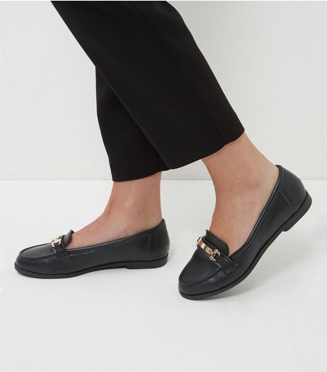 Wide Fit Black Leather Metal Trim Loafers | New Look
