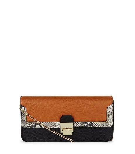 Brown Snakeskin Print Panelled Clutch | New Look