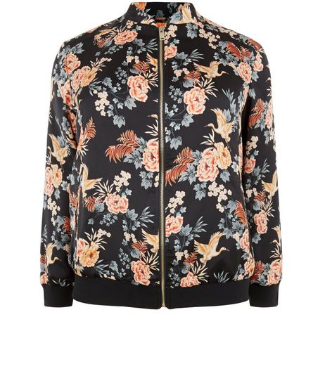 Curves Black Sateen Floral Print Bomber Jacket` | New Look