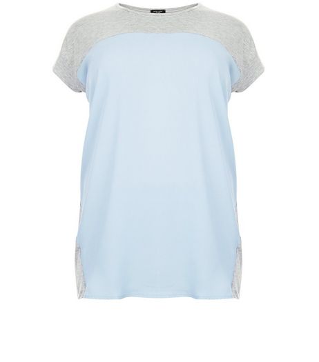 Curves Pale Blue Colour Block Woven T-Shirt | New Look