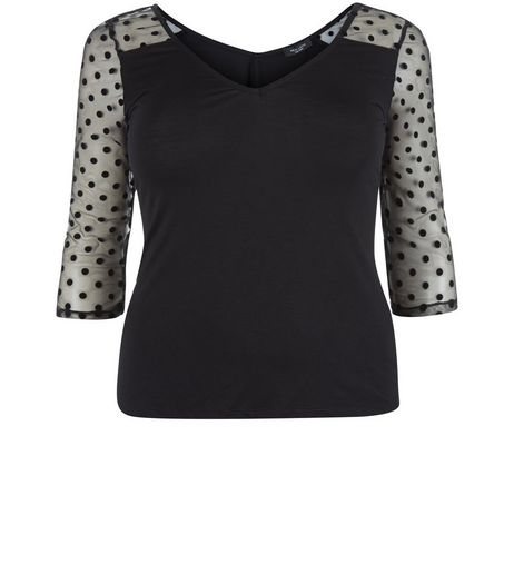 Curves Black Mesh Spot Sleeve Bodysuit | New Look