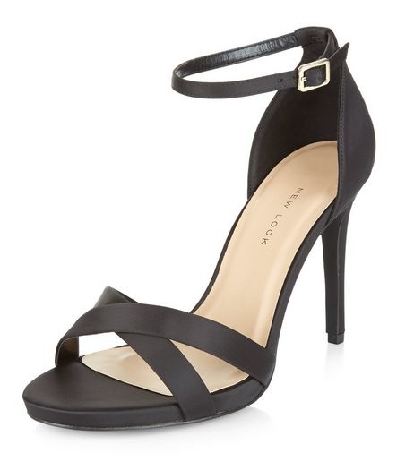 Wide Fit Black Sateen Cross Strap Heeled Sandals | New Look
