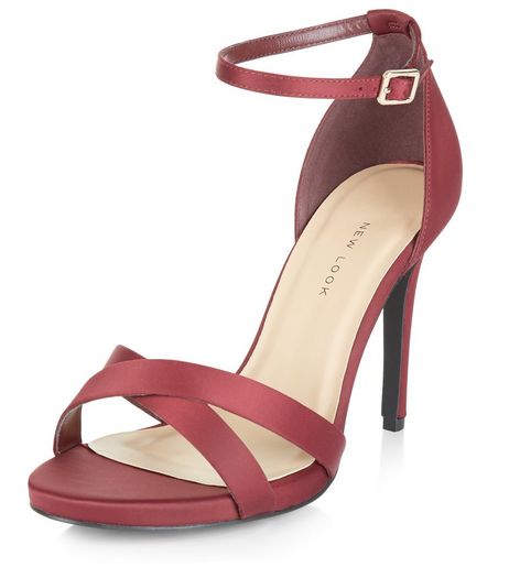 Wide Fit Dark Red Sateen Cross Strap Heeled Sandals | New Look