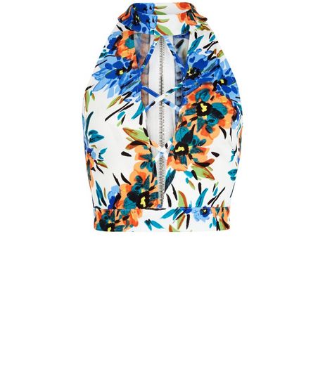 Parisian White Tropical Print Lattice Front Crop Top | New Look