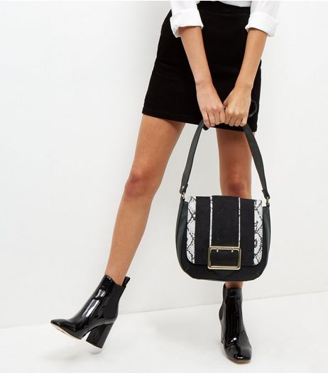 Black Snakeskin Print Panel Saddle Bag | New Look