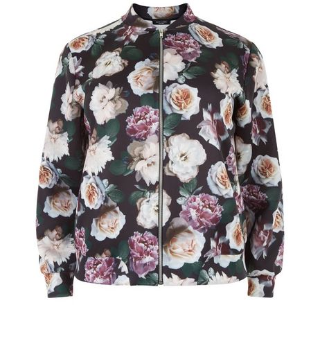 Curves Black Floral Print Bomber Jacket | New Look