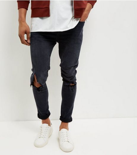 Blue Black Busted Knee Rip Super Skinny Jeans | New Look