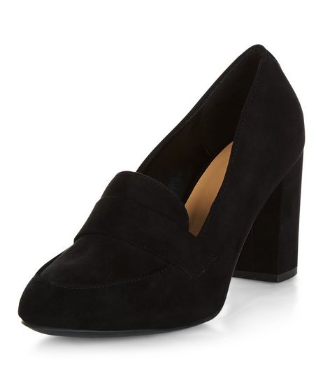 Wide Fit Black Suedette Loafer Block Heels | New Look