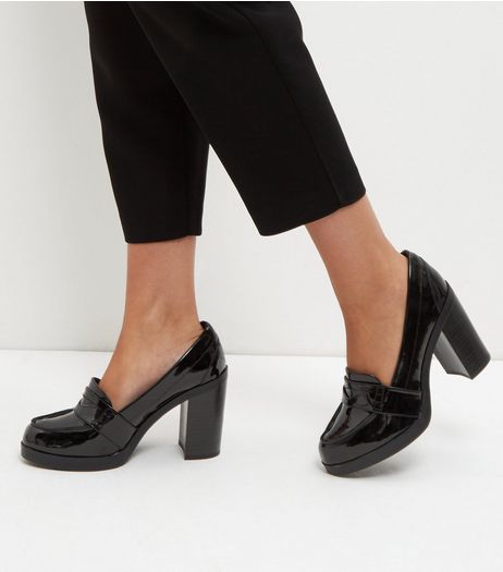 Wide Fit Black Patent Loafer Block Heels | New Look