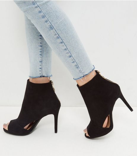 Wide Fit Black Suedette Cut Out Peep Toe Heels | New Look