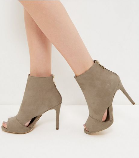 Wide Fit Light Brown Suedette Cut Out Peep Toe Heels | New Look