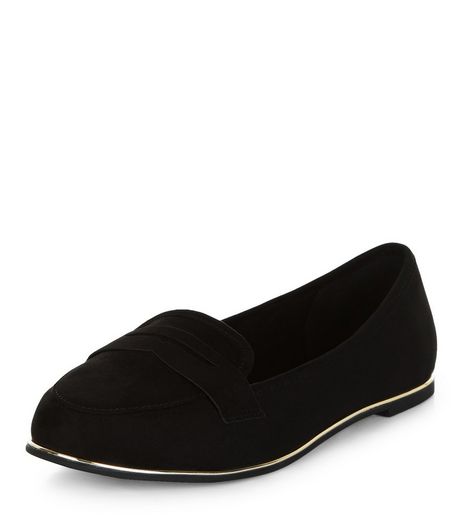 Wide Fit Black Suedette Metal Trim Loafers | New Look