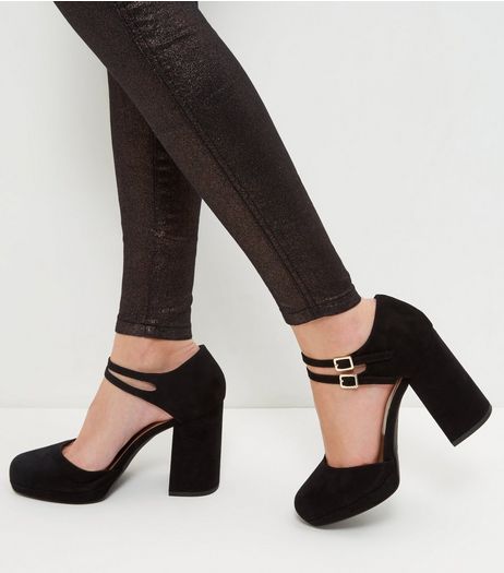 Wide Fit Black Suedette Double Ankle Strap Block Heels | New Look