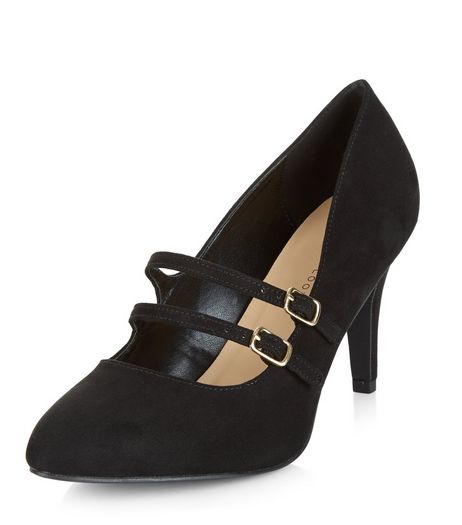 Wide Fit Black Suedette Double Strap Court Shoes | New Look