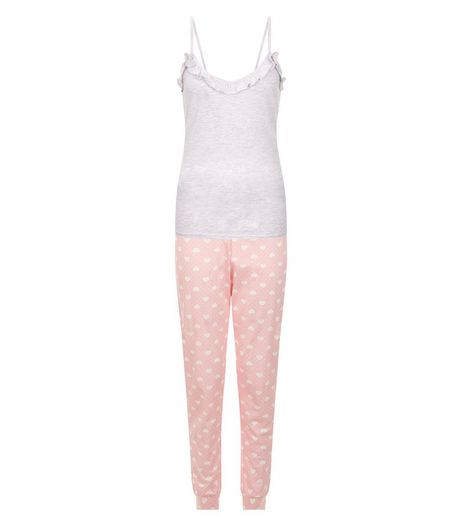 Petite Pink Heart Print Ruffle Trim Pyjama Set | New Look