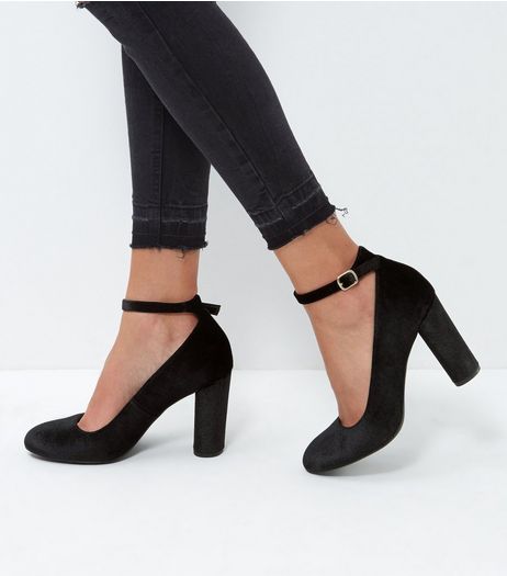Black Velvet Ankle Strap Block Heels | New Look