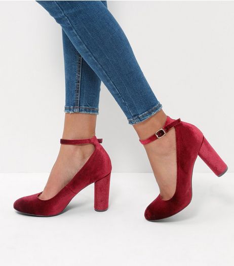 Dark Red Velvet Ankle Strap Block Heels | New Look