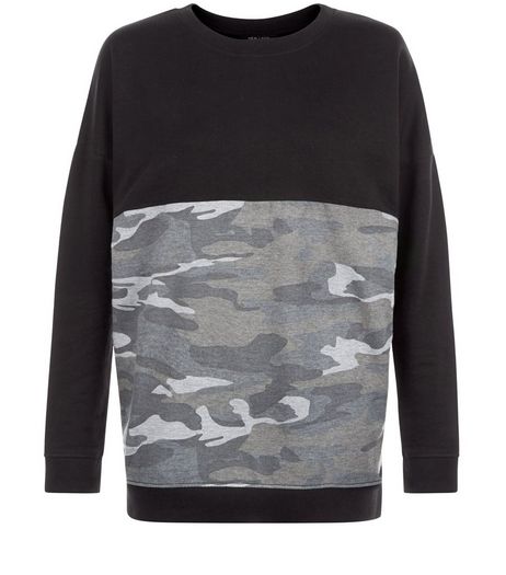 Black Colour Block Camo Print Panel Sweater | New Look