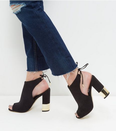 Black Suedette Peep Toe Metal Trim Block Heels | New Look