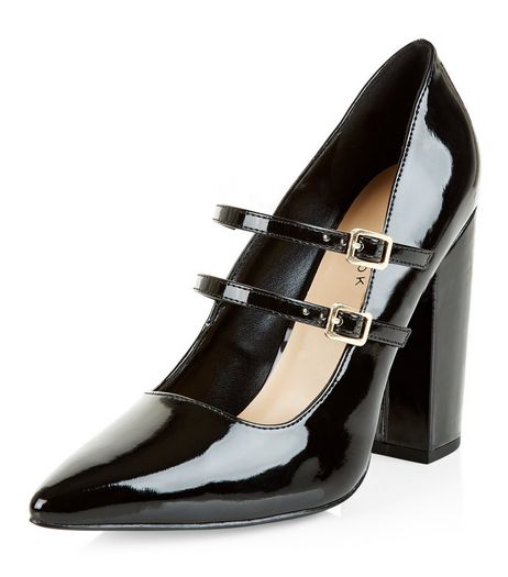Black Patent Doubel Strap Pointed Heels | New Look