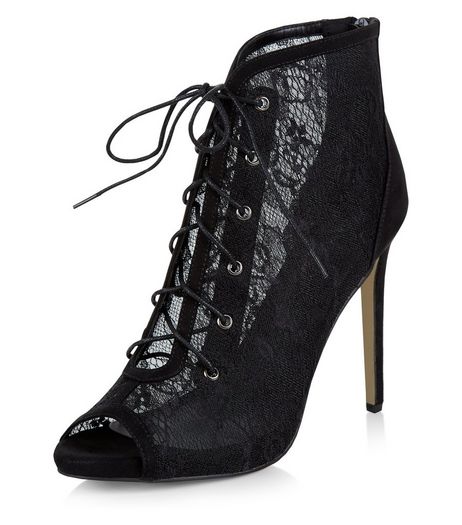Black Lace Peep Toe Ghillie Heels | New Look