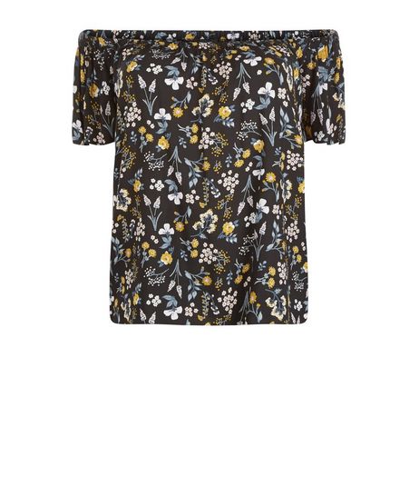 Curves Black and Yelloe Floral Print Bardot Neck Top | New Look