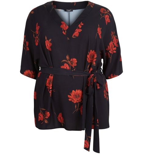 Curves Black Floral Print Belted Top | New Look