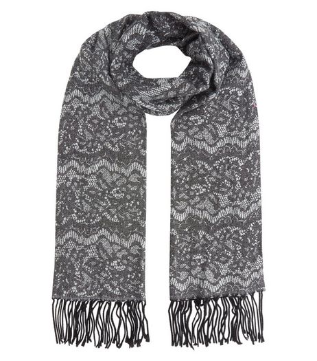 Dark Grey Lace Print Fringed Scarf | New Look