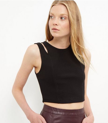 Black Ribbed Cut Out Shoulder Crop Top | New Look