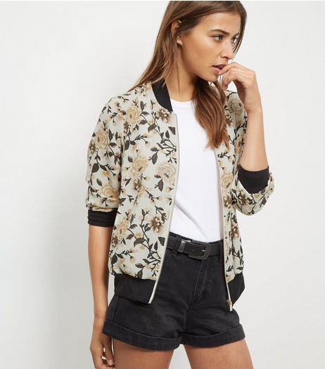 Cream Crepe Floral Print Bomber Jacket | New Look