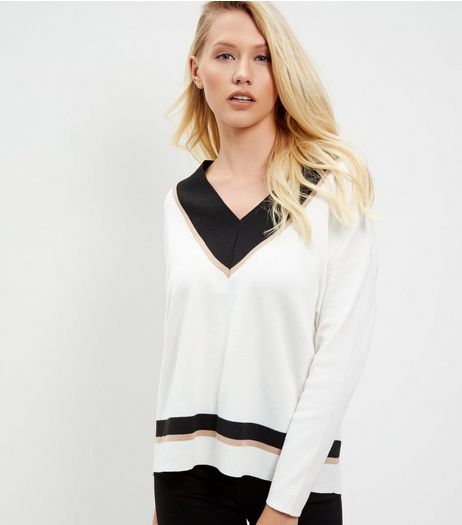 White Contrast V Neck Jumper | New Look