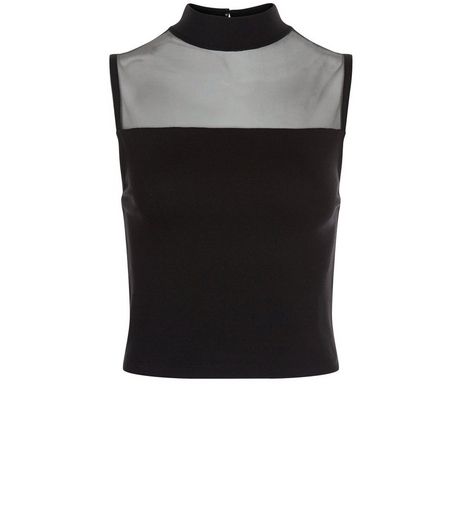 Black Mesh Panle Funnel Neck Crop Top | New Look