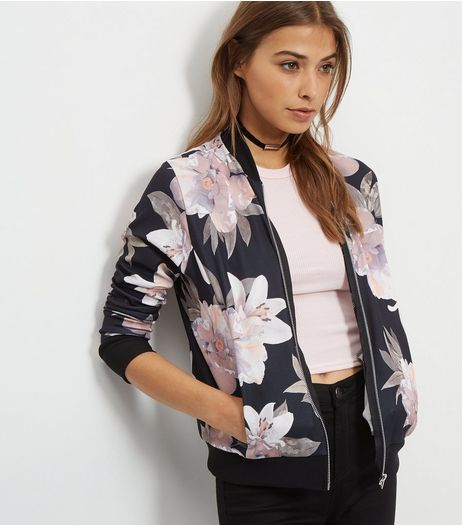 Black Oversized Floral Print Bomber Jacket | New Look
