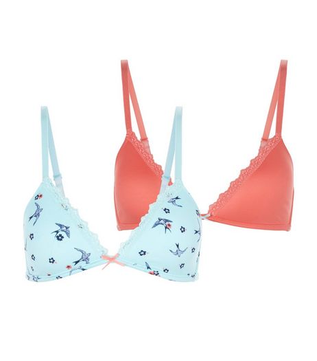 Teens 2 Pack Mint Green and Pink Bird Print Bras | New Look