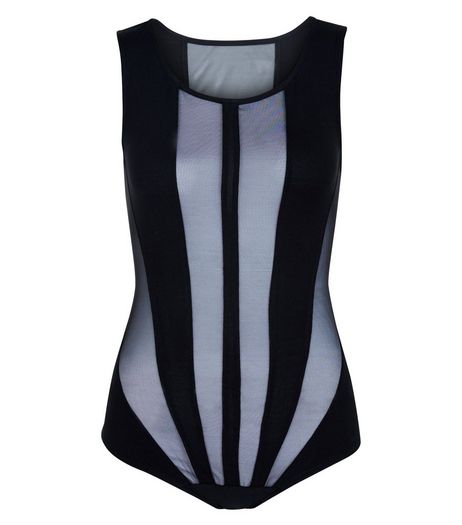 Cameo Rose Black Mesh Panel Stripe Bodysuit | New Look