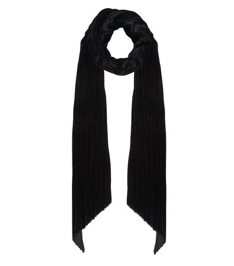 Black Pleated Skinny Velvet Scarf | New Look