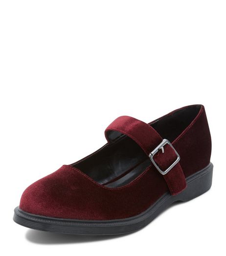 Teens Dark Red Velvet Ankle Strap Pumps | New Look