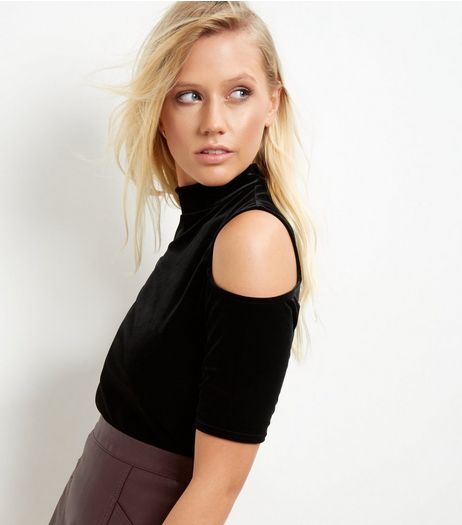 Black Velvet Cold Shoulder Funnel Neck Crop Top | New Look