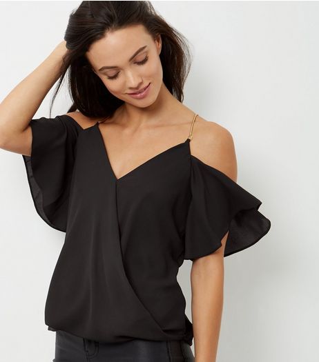 Black Chain Strap Cold Shoulder Wrap Front Top | New Look