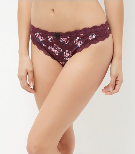 Red Floral Print Lace Trim Thong | New Look