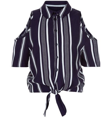 Teens Blue Stripe Print Tie Front Cold Shoulder Shirt | New Look