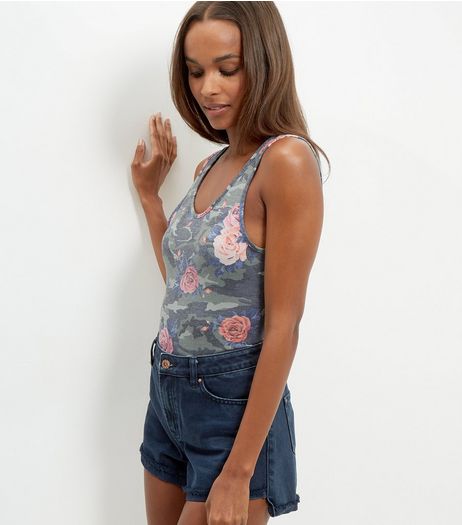 Green Camo Floral Print Bodysuit | New Look